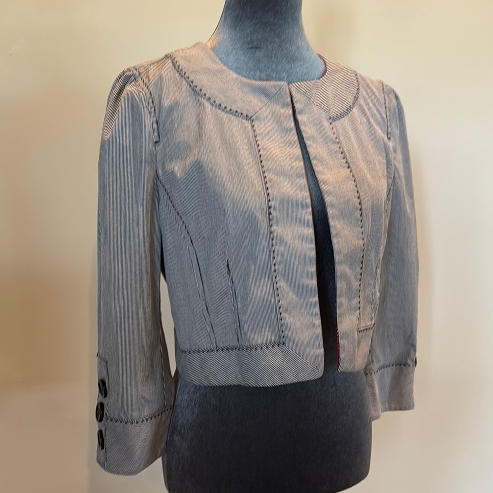 LOFT Black and White Striped Blazer with Cropped Length and Vintage Silhouette